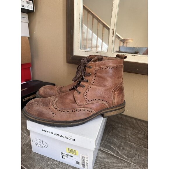 Steve Madden Men Sz 11.5 Boots Sprocket Leather Lace Up Zip Rugged Patina - Picture 1 of 5